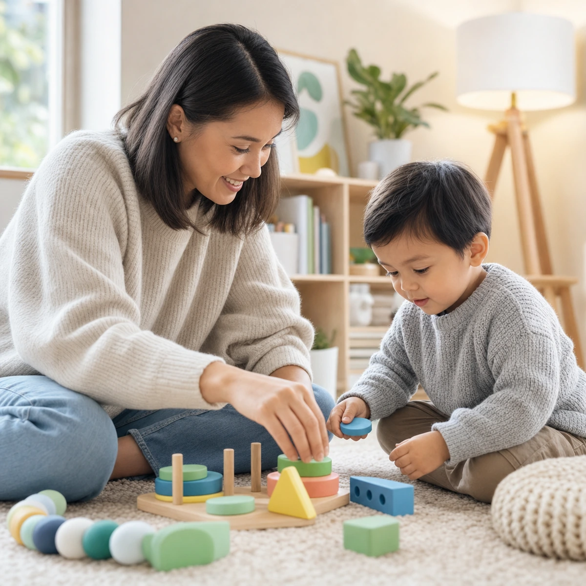 A child practicing speech with a caregiver