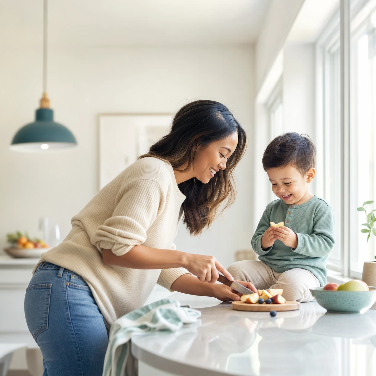 A caregiver supporting a toddler at mealtime