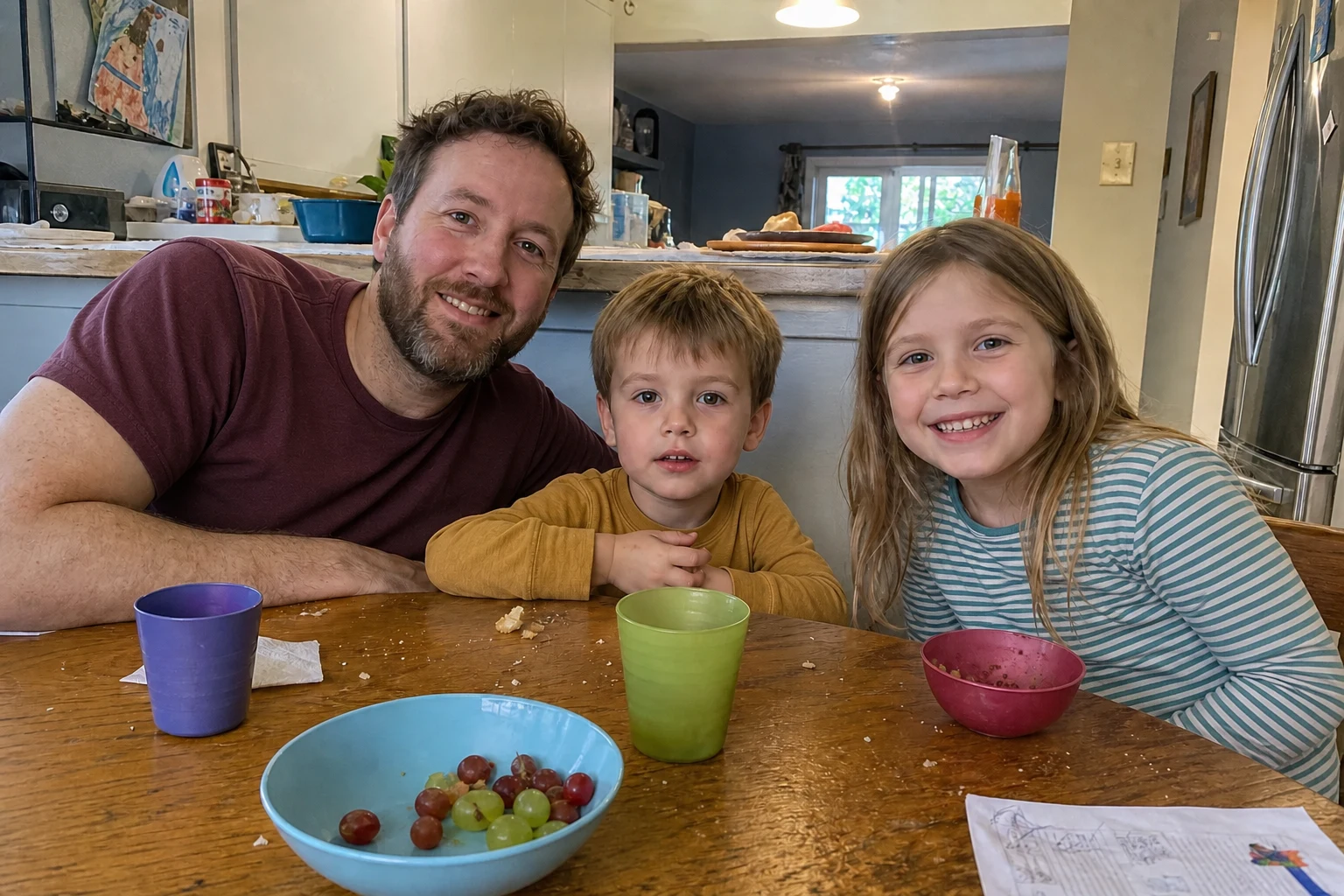 Father and two children gathered around their kitchen table