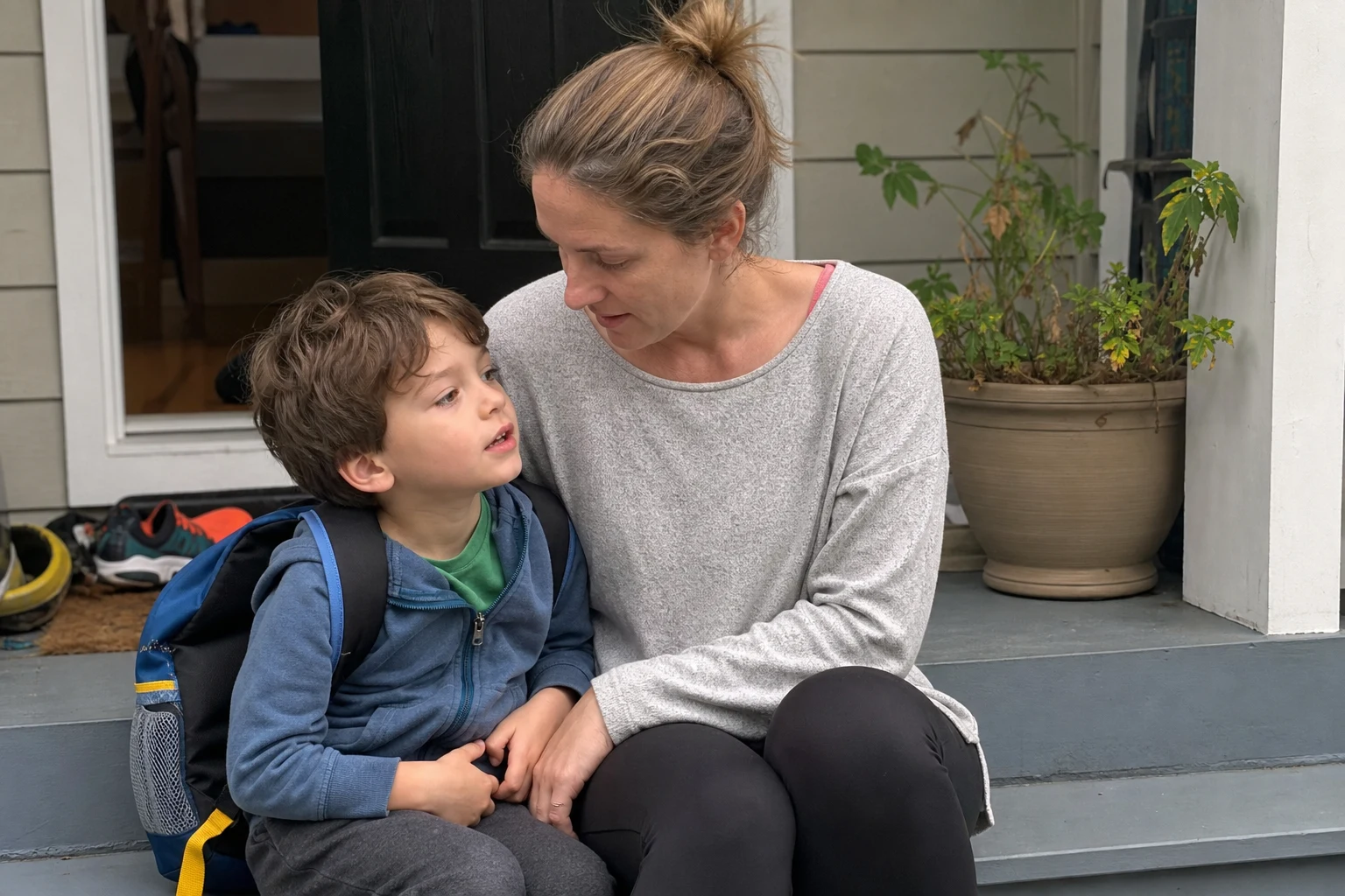 Mother listening to her son on their front porch after school